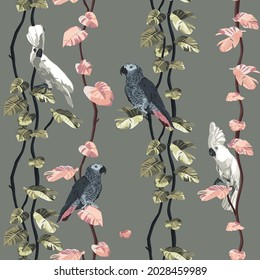 Tropical vintage  leaves, parrot seamless pattern. Exotic jungle wallpaper.