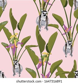 Tropical vintage lemur animal, palm leaves and strelitzia flowers, floral seamless pattern, pink background. Exotic jungle wallpaper.
