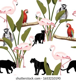Tropical vintage lemur, parrot, flamingo, jaguar and palm leaves floral seamless pattern white background. Exotic jungle wallpaper.