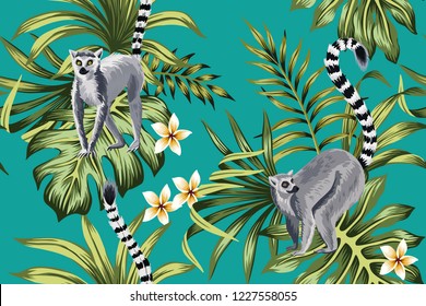 Tropical vintage lemur, plumeria flower, palm leaves floral seamless pattern green background. Exotic jungle wallpaper.