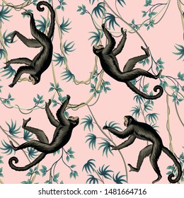 Tropical vintage liana, monkey animals  floral seamless pattern pink background. Exotic jungle wallpaper.
