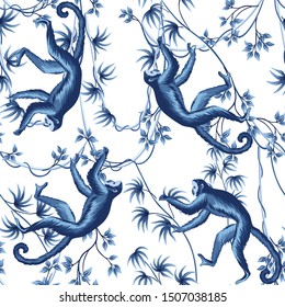 Liana tropical vintage, animales de mono con un fondo blanco sin fisuras y con motivos florales. Papel pintado de la selva azul exótica.