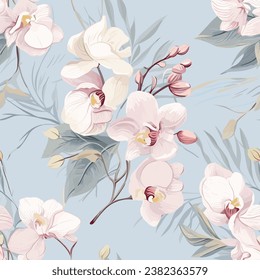 Tropical vintage light white orchid flower, palm leaves floral, island seamless pattern blue background. Exotic jungle wallpaper.