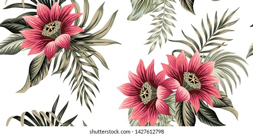 Tropical vintage lotus flower, palm leaves floral seamless pattern light background. Exotic jungle wallpaper.