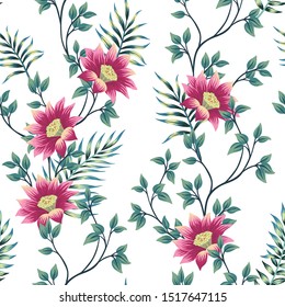 Tropical vintage lotus flower, palm leaves, liana floral seamless pattern white background. Exotic jungle wallpaper.