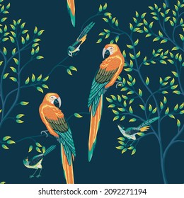 Loro de macao tropical vintage, pájaro, árboles de fondo azul sin costura floral. Papel tapiz de la jungla exótica.