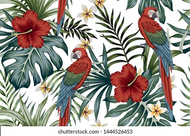 Tropical vintage macaw parrot, hibiscus flower, palm leaves floral seamless pattern white background. Exotic jungle wallpaper.