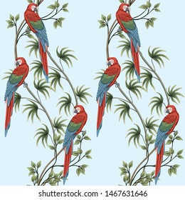 Tropical vintage macaw parrot, liana floral seamless pattern blue background. Exotic jungle wallpaper.