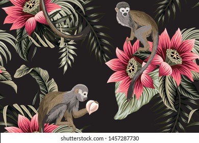 Tropical vintage monkey animal, lotus  flower, peach fruit, palm leaves floral seamless pattern black background. Exotic jungle wallpaper.