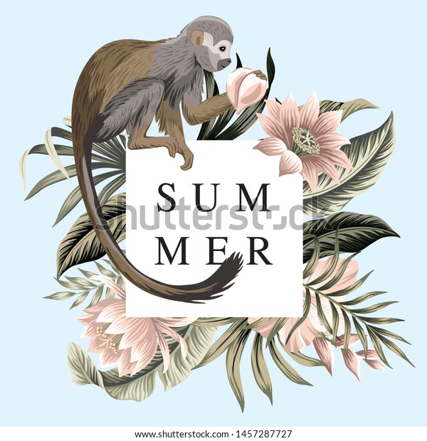 Tropical vintage monkey animal, lotus hibiscus flower,\
peach fruit, palm leaves floral illustration. Exotic jungle summer\
slogan frame. 