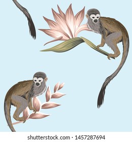 Tropical vintage monkey animal, strelitzia  flower floral seamless pattern blue background. Exotic jungle wallpaper.