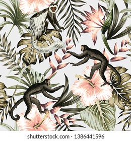 Tropical vintage monkey, hibiscus flower, strelitzia, palm leaves floral seamless pattern grey background. Exotic jungle wallpaper.