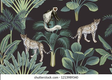 Tropical vintage monkey, leopards, palm trees, banana tree floral seamless pattern dark background. Exotic jungle wallpaper.