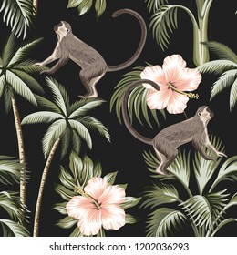 Tropical vintage monkey, pink hibiscus flower, palm trees floral seamless pattern dark background. Exotic jungle wallpaper.