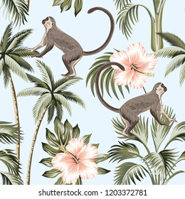 Tropical vintage monkey, pink hibiscus flower, palm trees floral seamless pattern blue background. Exotic jungle wallpaper.