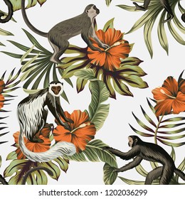 Tropical vintage monkey, red hibiscus flower, palm leaves floral seamless pattern white background. Exotic jungle wallpaper.