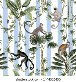 Tropical vintage monkey, sloth animal, palm tree, banana tree, liana floral seamless pattern striped background. Exotic jungle wallpaper.