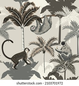 Tropical vintage monkey, sloth animal, palm trees floral seamless pattern grey background. Exotic jungle wallpaper.