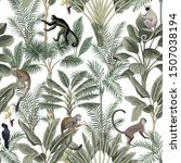 Tropical vintage monkey, sloth, black bird, palm trees, banana tree floral seamless pattern white background. Exotic jungle wallpaper.