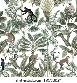 Tropical vintage monkey, sloth, black bird, palm trees, banana tree floral seamless pattern white background. Exotic jungle wallpaper.