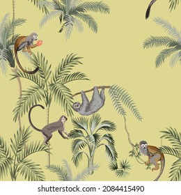 Tropical vintage monkey, sloth, palm trees floral seamless pattern yellow background. Exotic jungle wallpaper.