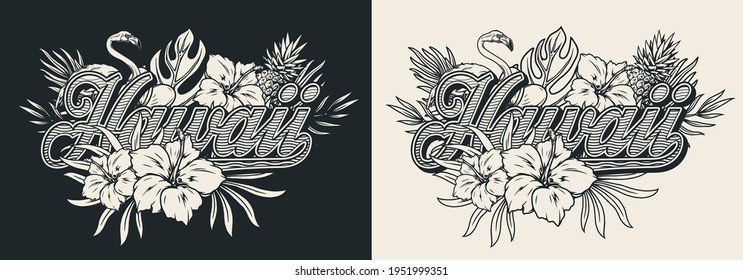 Tropical vintage monochrome design with flamingo pineapple exotic flowers and leaves on dark and light backgrounds isolated vector illustration