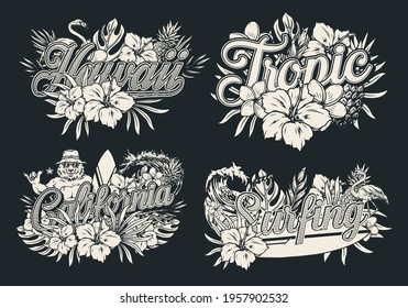 Tropical vintage monochrome designs with hawaii and california surfing floral natural tropic emblems and labels isolated vector illustration