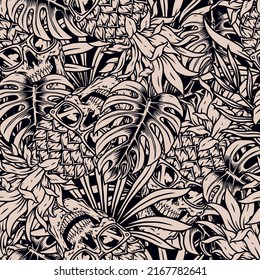 Tropical vintage monochrome pattern seamless pineapple with teeth in sunglasses among plant leaves in tropic rave style vector illustration