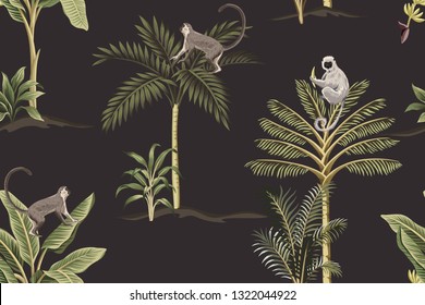 Tropical vintage night botanical landscape, green palm tree, sloth, monkey floral seamless pattern dark background. Exotic jungle wallpaper. 