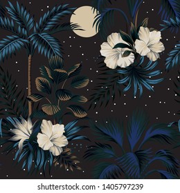 Tropical vintage night landscape, dark palm trees, hibiscus flower, palm leaves,  stars and moon floral seamless pattern black background. Exotic jungle wallpaper. 