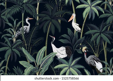 Tropical vintage night landscape, dark palm trees, plant, birds floral seamless pattern black background. Exotic jungle wallpaper.