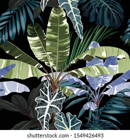 Tropical vintage night plants, palm trees, banana tree floral seamless pattern black background. Exotic jungle wallpaper.