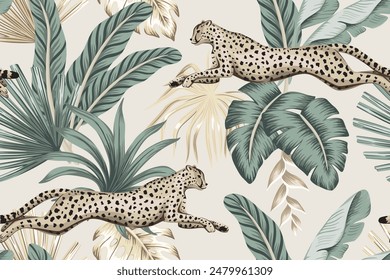 Tropical vintage palm leaves, African cheetah, jungle seamless pattern. Safari floral wallpaper.