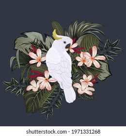 Tropical vintage palm leaves, banana leaves, cockatoo parrot, pattern black background. Exotic jungle wallpaper.