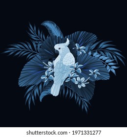 Tropical vintage palm leaves, banana leaves, cockatoo parrot, pattern black background. Exotic jungle wallpaper.