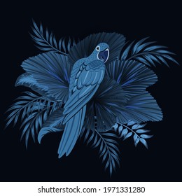 Tropical vintage palm leaves, banana leaves, macaw parrot, pattern black background. Exotic jungle wallpaper.