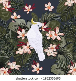 Tropical vintage palm leaves, banana leaves, cockatoo parrot, seamless pattern black background. Exotic jungle wallpaper.