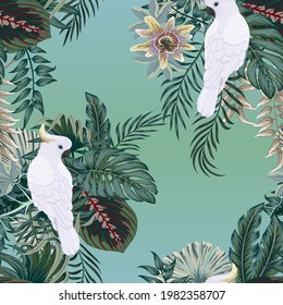 Tropical vintage palm leaves, banana leaves, cockatoo parrot, seamless pattern black background. Exotic jungle wallpaper.