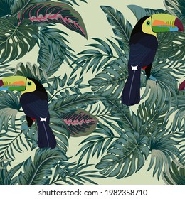Tropical vintage palm leaves, banana leaves, toucan parrot, seamless pattern black background. Exotic jungle wallpaper.