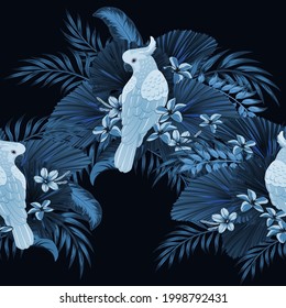 Tropical vintage palm leaves, banana leaves, cockatoo parrot, seamless pattern black background. Exotic jungle wallpaper.