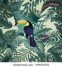 Tropical vintage palm leaves, banana leaves, toucan parrot, seamless pattern black background. Exotic jungle wallpaper.