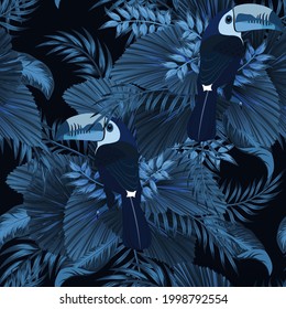 Tropical vintage palm leaves, banana leaves, toucan parrot, seamless pattern black background. Exotic jungle wallpaper.