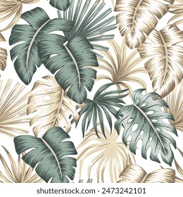 Tropical vintage palm leaves, banana leaves floral seamless pattern white background. Exotic jungle wallpaper.	