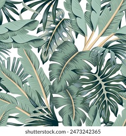 Tropical vintage palm leaves, banana leaves floral seamless pattern white background. Exotic jungle wallpaper.