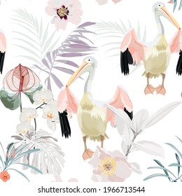 Tropical vintage palm leaves and flowers, pelican floral seamless pattern on white background. Exotic jungle bird wallpaper.