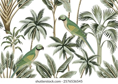 Tropical vintage palm leaves, green parrot, palms seamless pattern white background. Exotic jungle floral wallpaper.