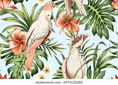 Tropical vintage palm leaves, hibiscus flower, pink cockatoo parrot floral seamless pattern blue background. Exotic jungle wallpaper.