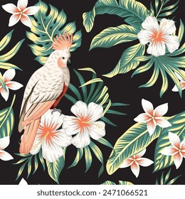 Tropical vintage palm leaves, orange hibiscus, white cockatoo parrot floral seamless pattern black background. Exotic jungle wallpaper.