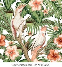 Tropical vintage palm leaves, pink cockatoo parrot, hibiscus flower seamless pattern white background. Exotic jungle floral wallpaper.