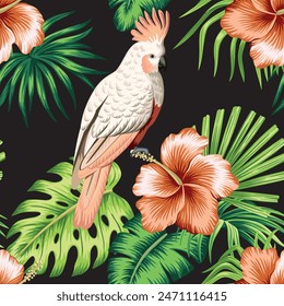 Tropical vintage palm leaves, pink hibiscus, white cockatoo parrot floral seamless pattern black background. Exotic jungle wallpaper.